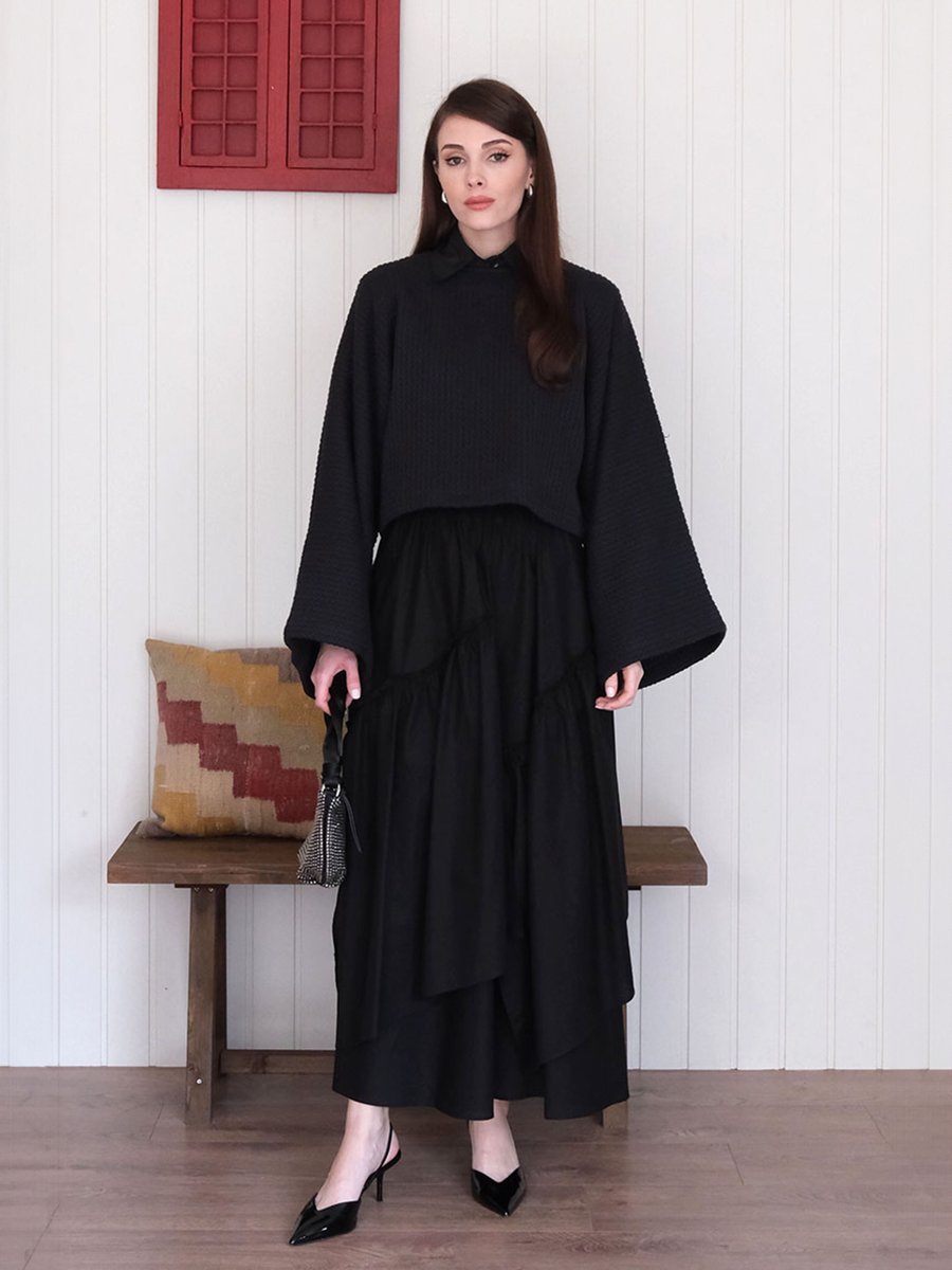 Ceylan Otantik Siyah Kat Detay Bohem Etek