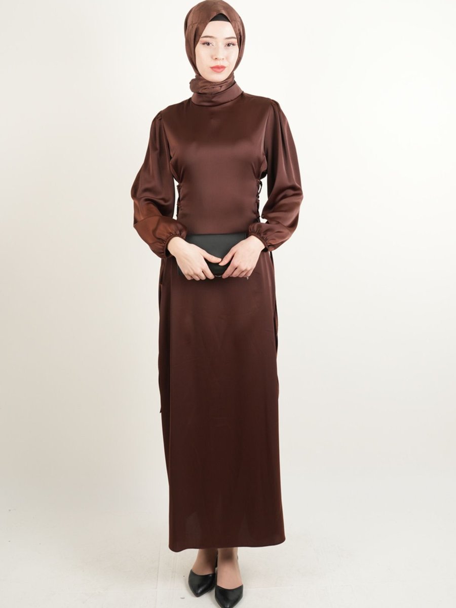 03kızkulesıteks Yandan Çapraz Bağlamalı Saten Abiye Elbise Kahverengi