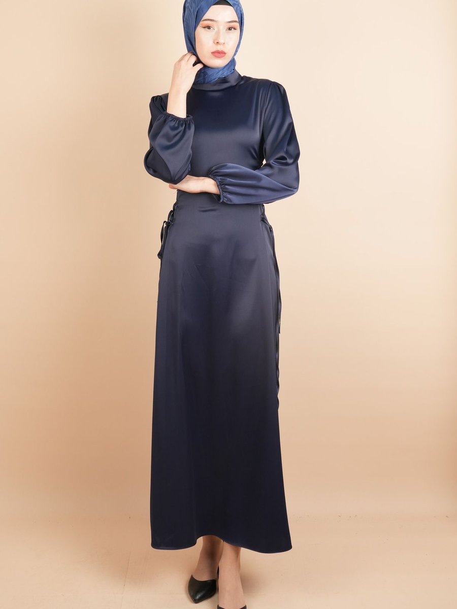 03kızkulesıteks Yandan Çapraz Bağlamalı Saten Abiye Elbise Lacivert
