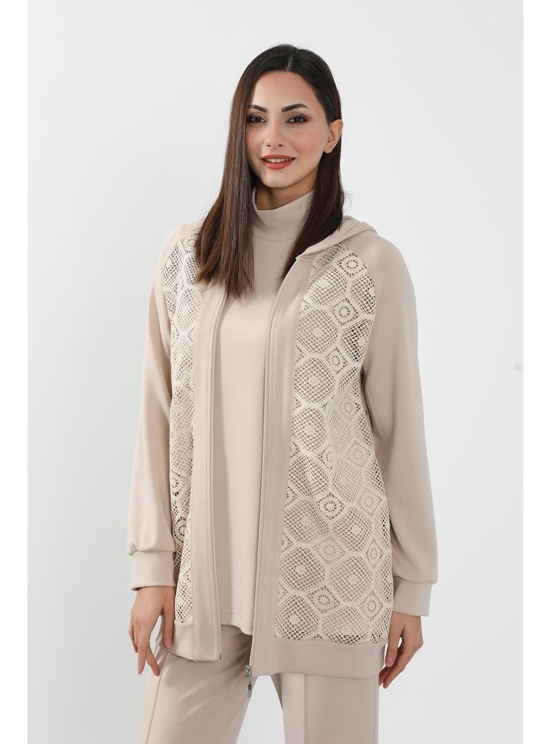 Aisha`s Design Bej Dantel Detaylı Fermuarlı Kapüşonlu Hırka Swet,sw