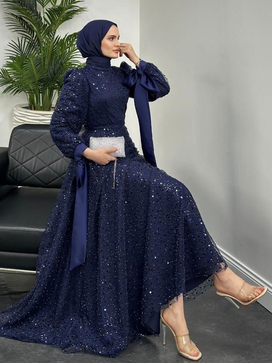 Merven Akyüz Hilly Kolları Fiyonk Saten Abiye Elbise Lacivert