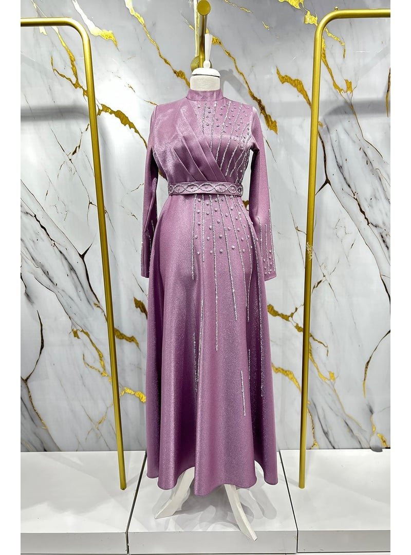 Hakimoda Lila Belfin Krep Saten Abiye Elbise