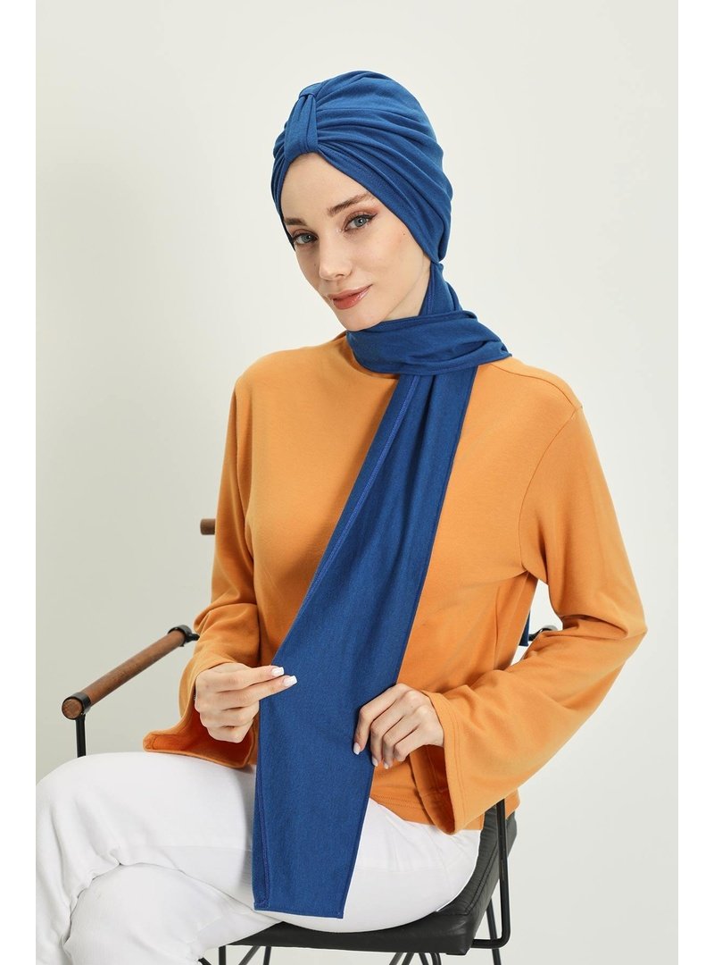Aisha`s Design 80rb Koyu Mavi Kışlık Fularlı Bone Türban,b
