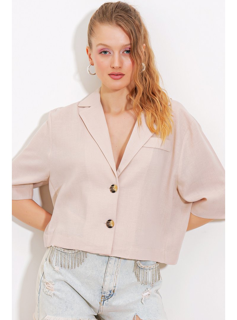 Bigdart Krem Çift Düğmeli Oversize Crop Keten Ceket