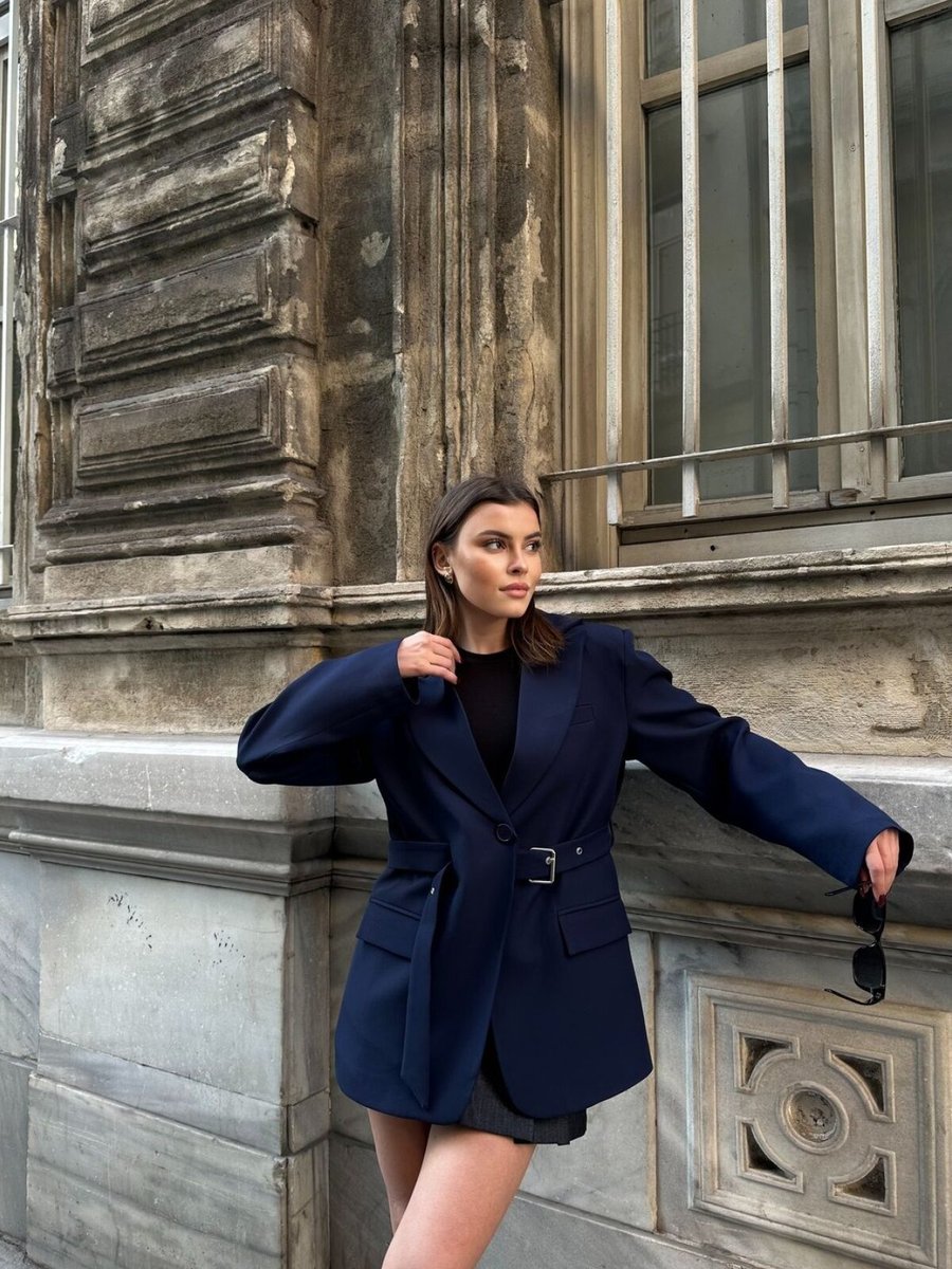 VOLT CLOTHİNG Lacivert Kemer Detaylı Astarlı Blazer Ceket
