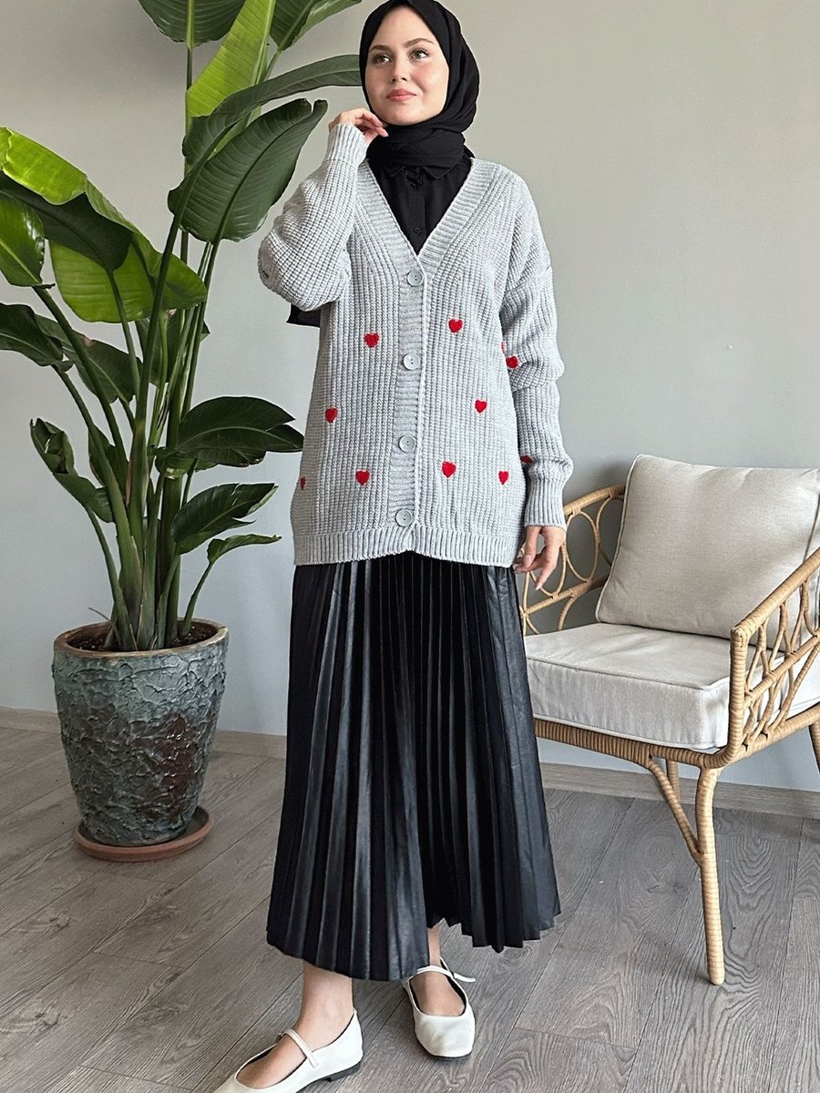 Instyle Kalp Desenli Gri Triko Hırka