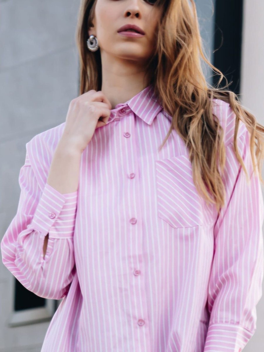 Pek Moda Pembe Beyaz Çizgili Uzun Kollu Tek Cepli Gömlek
