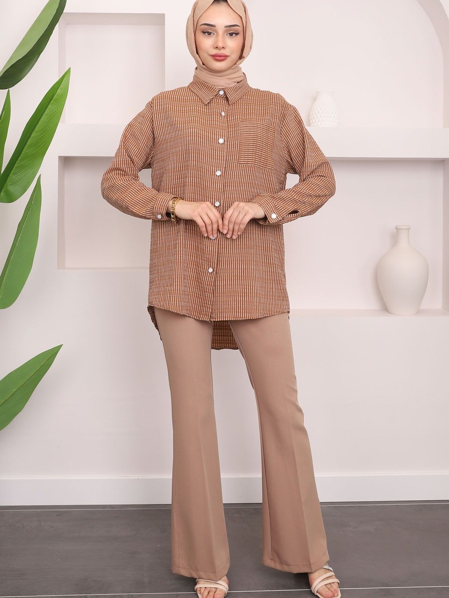 İmajbutik Camel Cepli Çizgili Gömlek