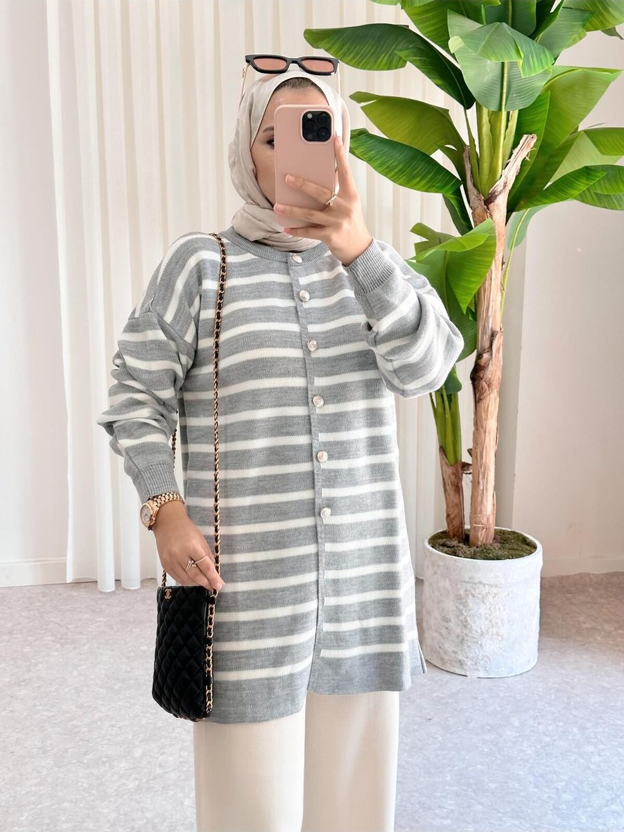 Asel Fashion Çizgili Düğmeli Triko Hırka Gri