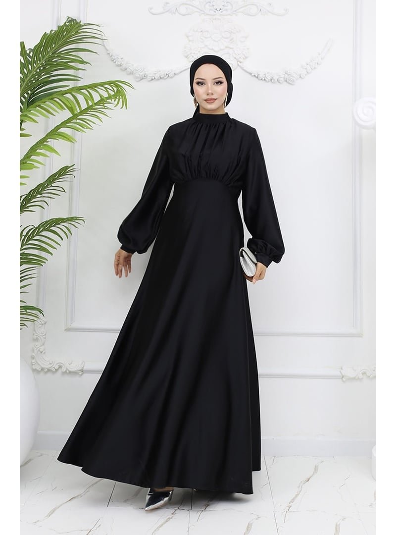 Hakimoda Siyah Gülnun Saten Abiye Elbise