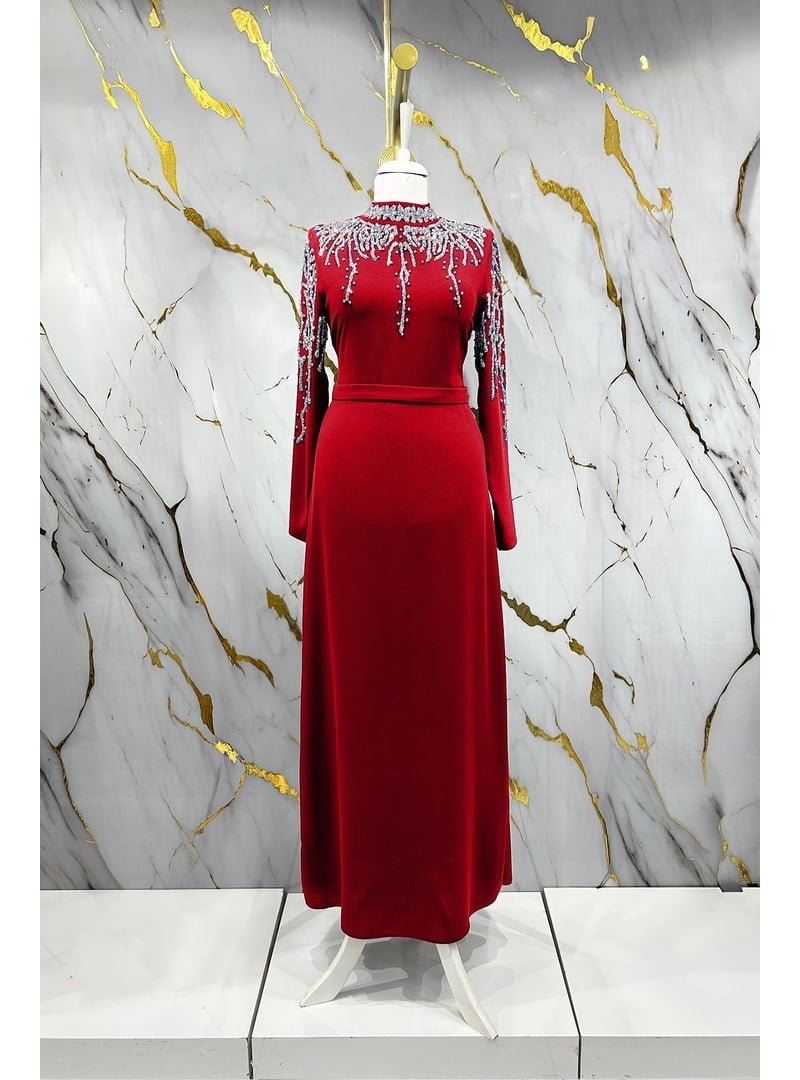 Hakimoda Bordo Alin Krep Abiye Elbise