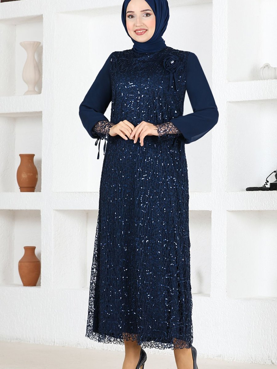 Ayşe Melek Giyim Moda File Pullu Güllü Abiye Elbise
