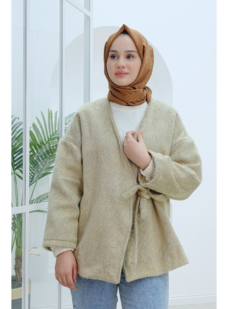 Locco Moda Bej Yan Bel Bağlamalı Keçe Ceket
