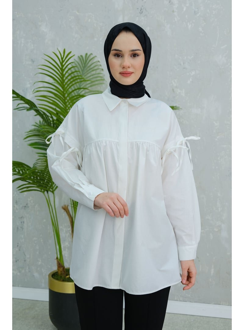 Locco Moda Beyaz Kolu Bağcık Fiyonklu Gömlek