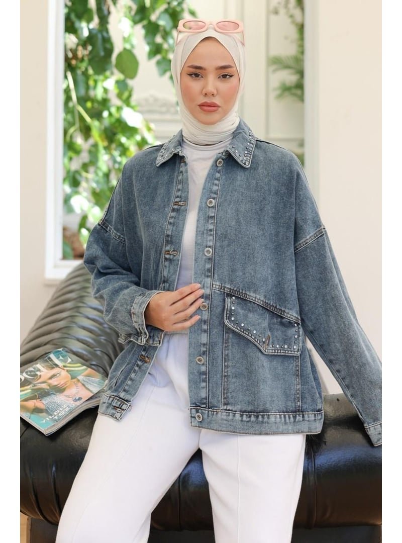 Pelsu Moda Orta Mavi Yakası Taş Detaylı Kot Ceket