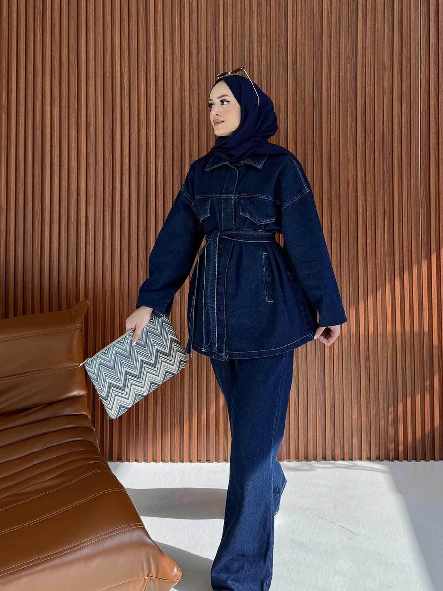 Melike Tatar Mavi Kuşaklı Denim Takım