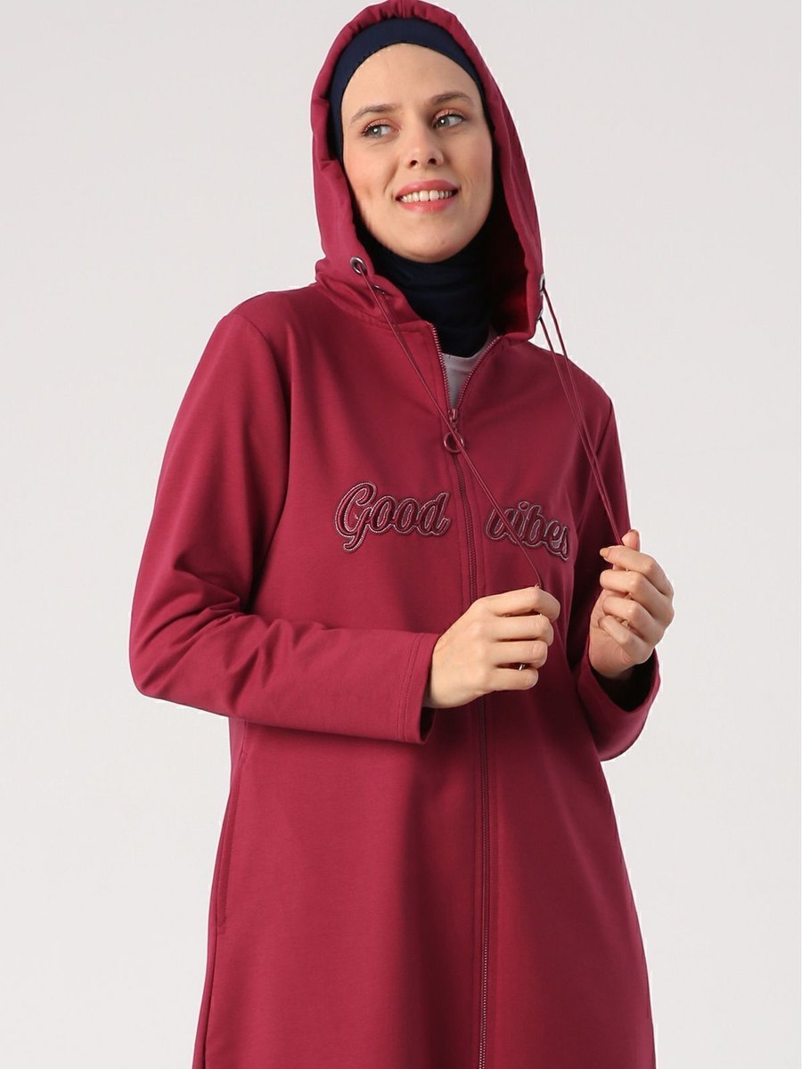 Allday Koyu Bordo Aplike Nakışlı Çift Kordonlu Kapüşonlu Hırka