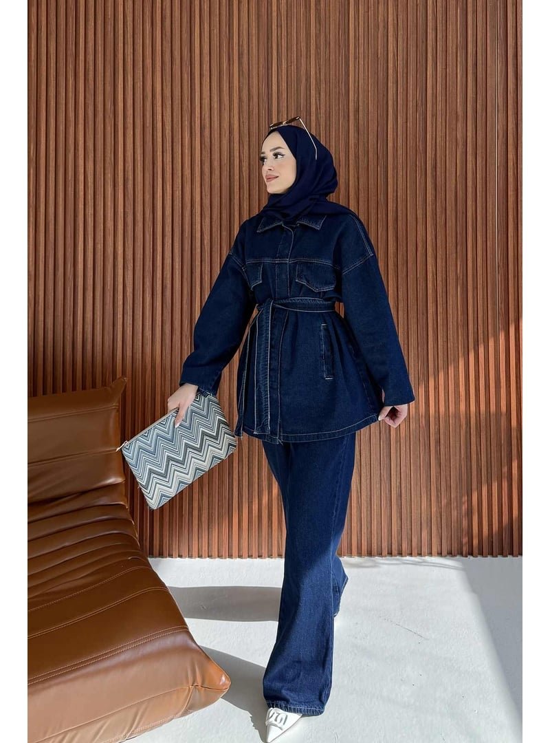 Melike Tatar Mavi Kuşaklı Denim Takım