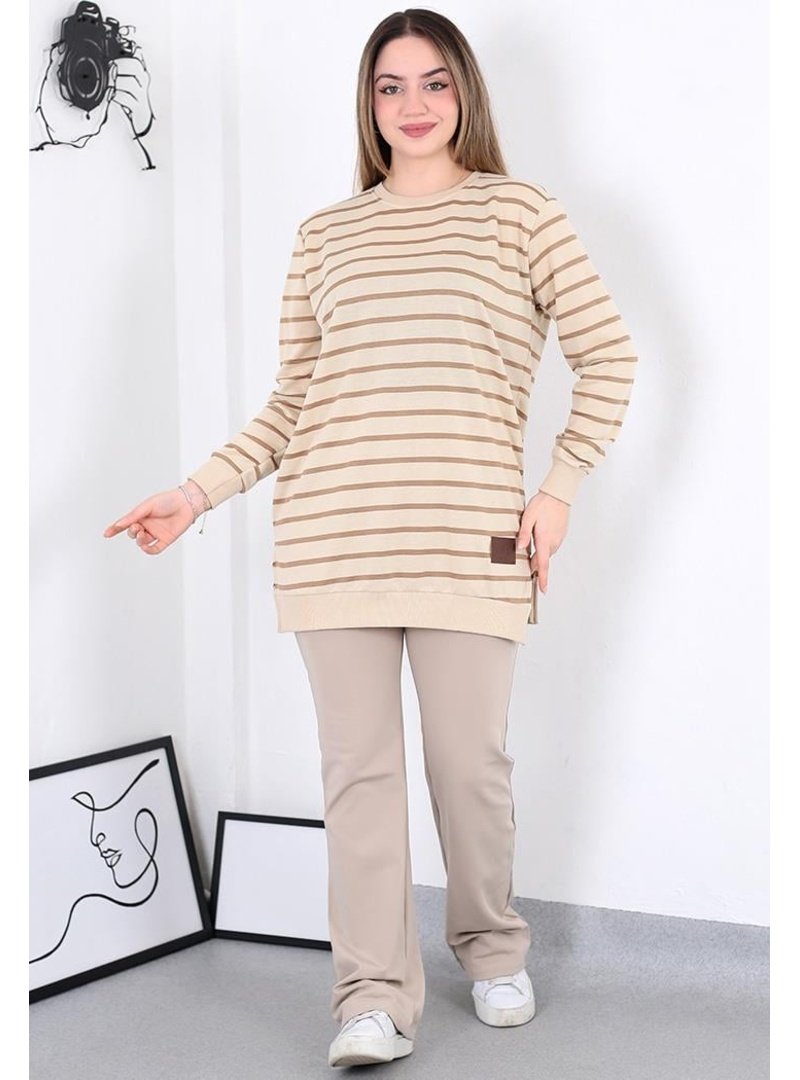 Pelsu Moda Bej Çizgili Tunik