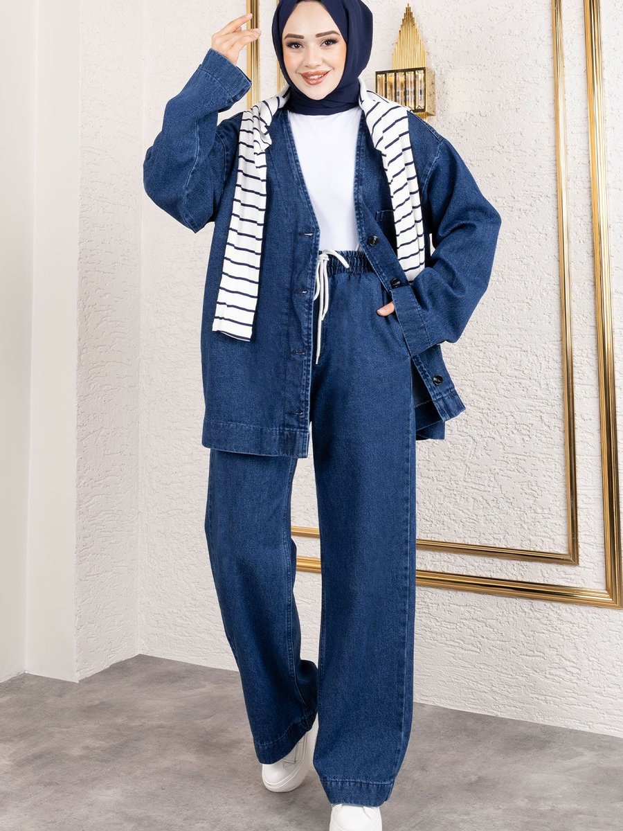 Tesettür Dünyası Vera Denim Takım Koyu Mavi