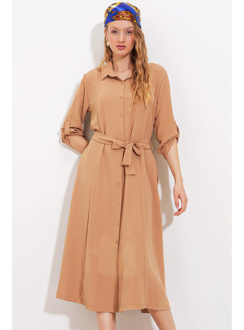 Bigdart Camel Kuşaklı Gömlek Elbise