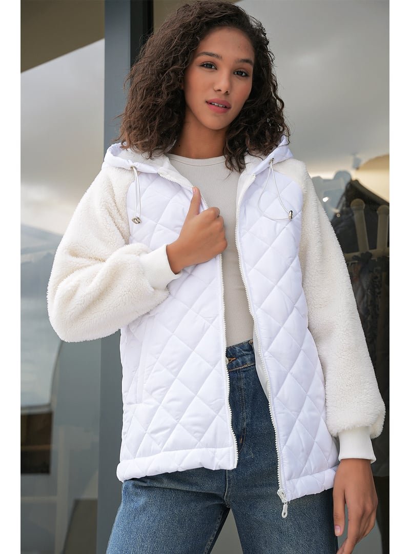 Bigdart Beyaz Kolları Peluş Kapitone Mont