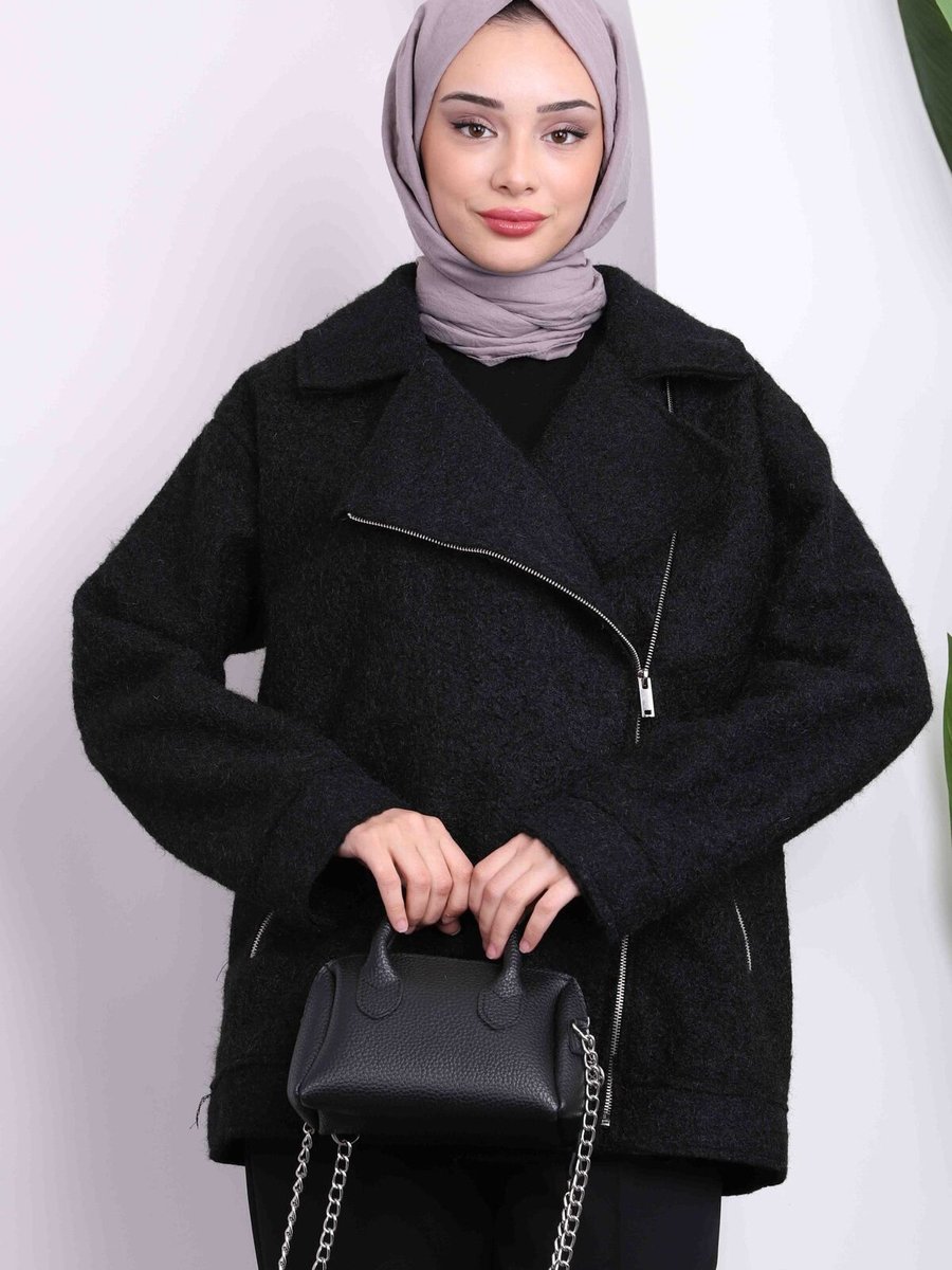 İmajbutik Siyah Fermuarlı Kısa Kaşe Kaban