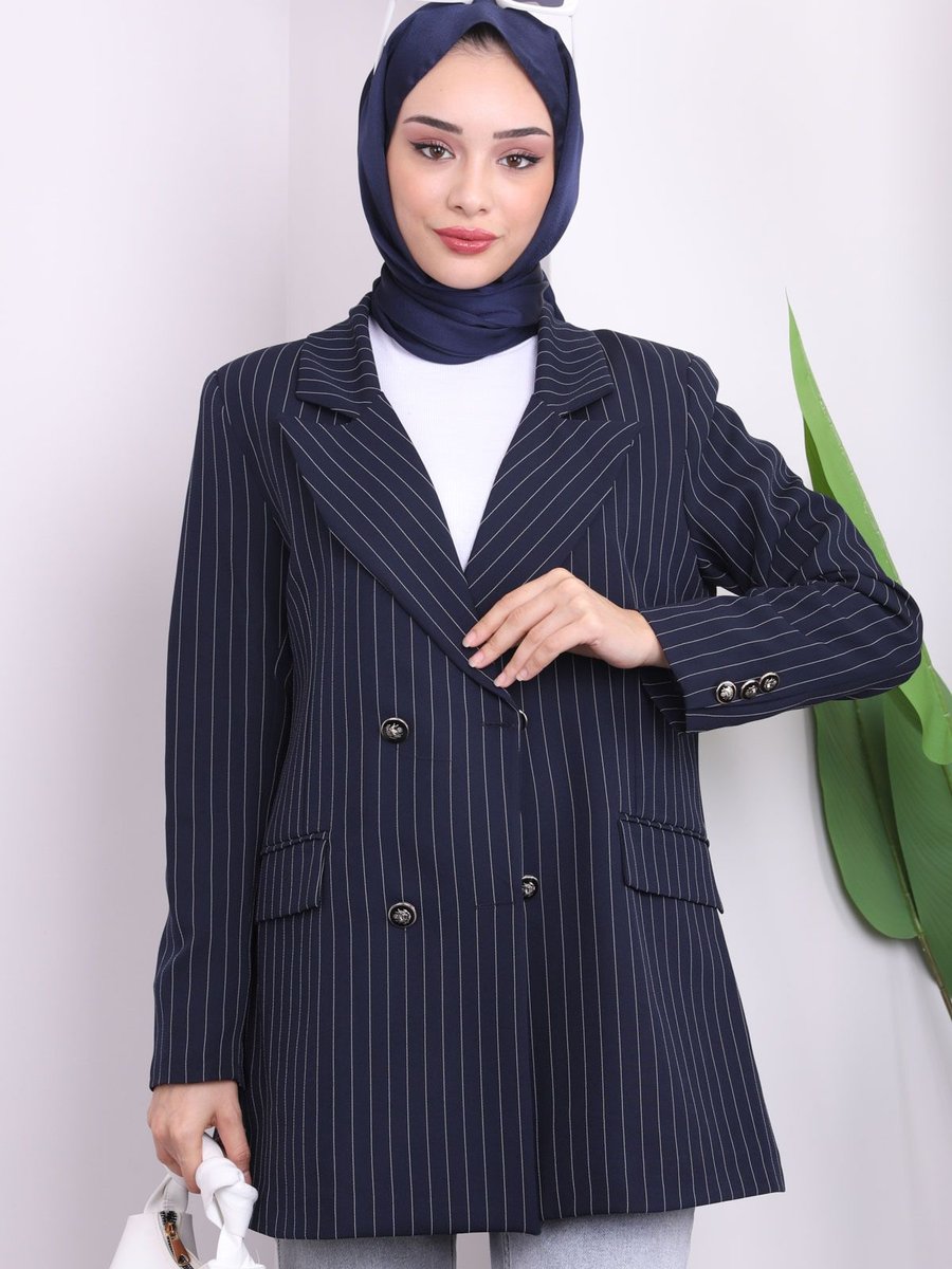 İmajbutik Lacivert Kruvaze Yaka Çizgili Ceket