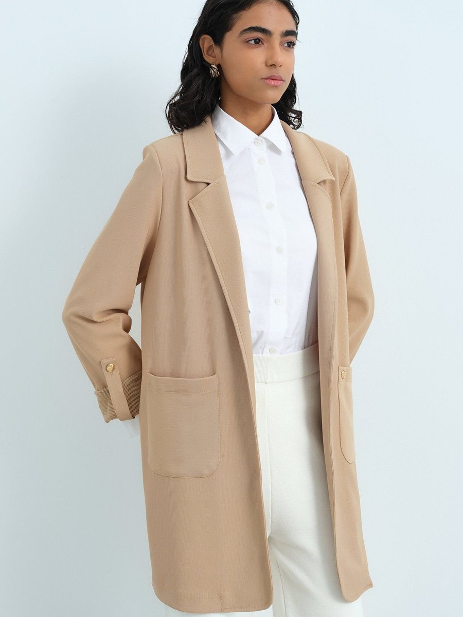 Nihan Kolları Katlanabilir Örme Blazer Ceket Camel