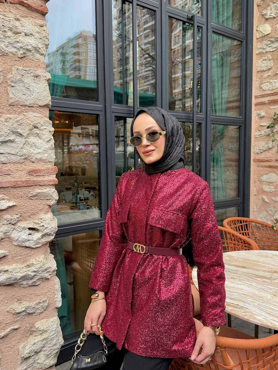 Melike Tatar Bordo Kemerli Payetli Ceket