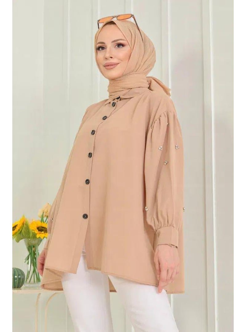 Pelsu Moda Düz Gömlek Yaka Bej Tunik