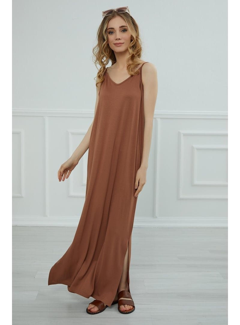 Aisha`s Design Koyu Kahverengi Askılı Penye Elbise,elb