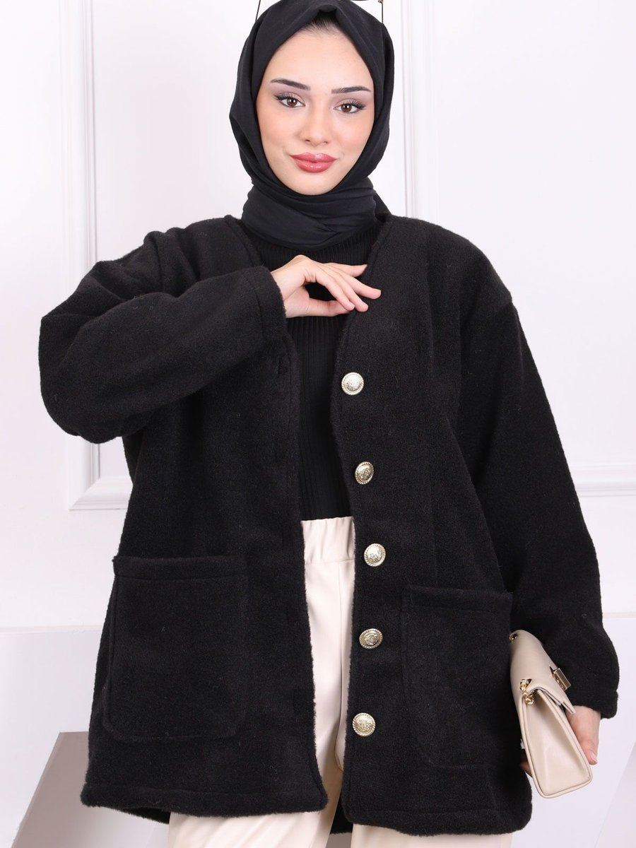 İmajbutik Siyah Cepli Düğmeli Angora Ceket