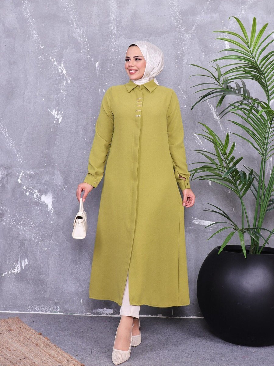 Vibeys Moda Uzun Boy Komple Düğmeli Krep Tunik