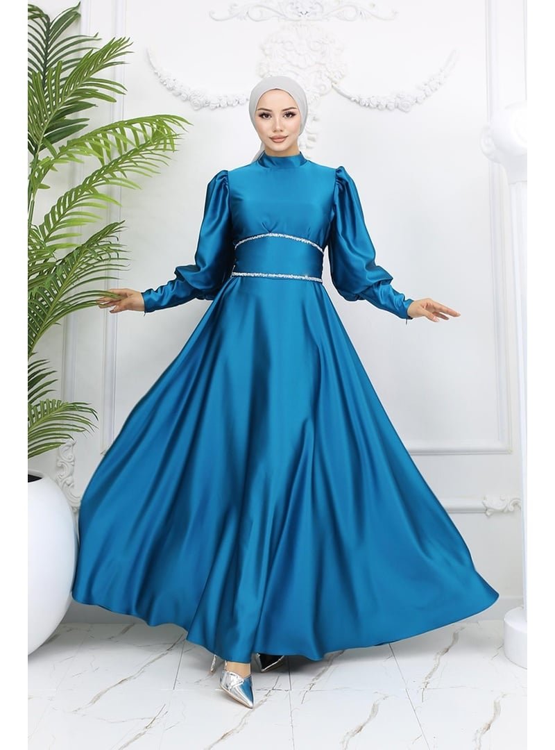 Hakimoda Petrol Sehran Saten Abiye Elbise