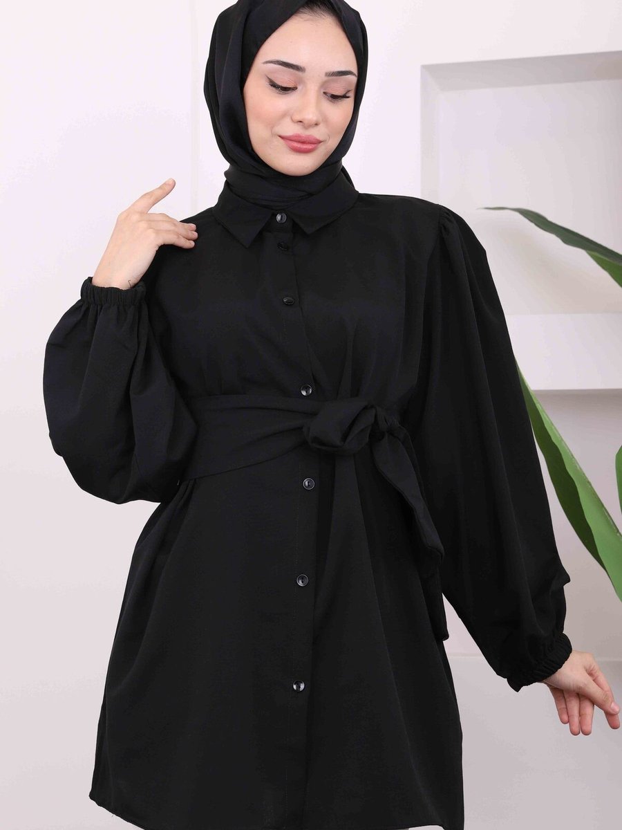 İmajbutik Siyah Bel Kuşaklı Gömlek Tunik