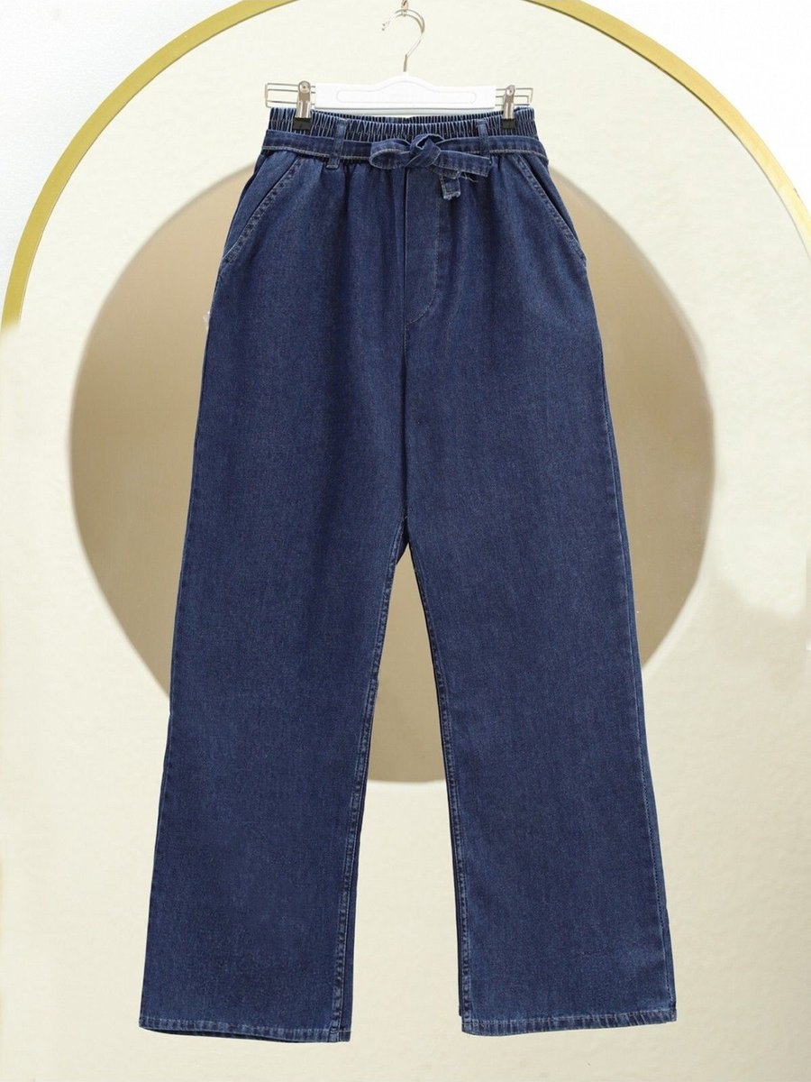 Hijabaya Bol Paça Beli Lastikli Kuşaklı Kot Pantolon