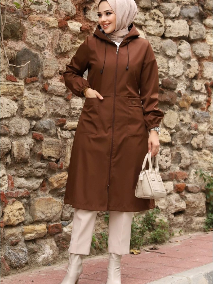 Alniss Collection Kapüşonlu Cepli İçi Çizgi Desenli Trençkot