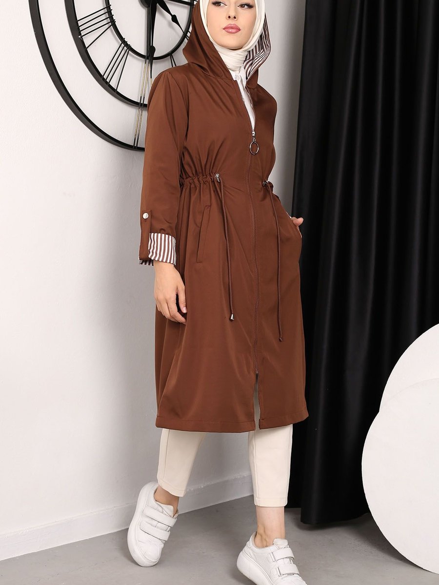 İmajbutik Kahverengi Bel Büzgülü Kapüşonlu Trençkot