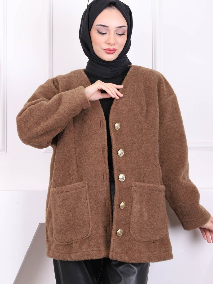 İmajbutik Kahverengi Cepli Düğmeli Angora Ceket