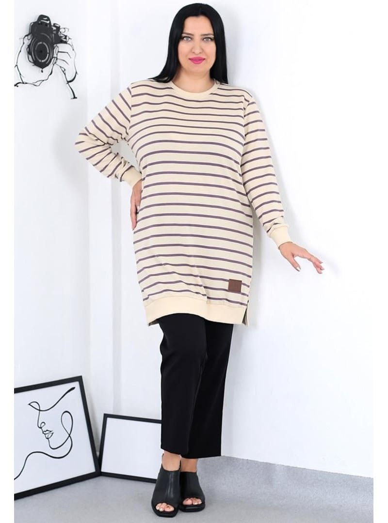 Pelsu Moda Büyük Beden İki İplik Mor Çizgili Tunik