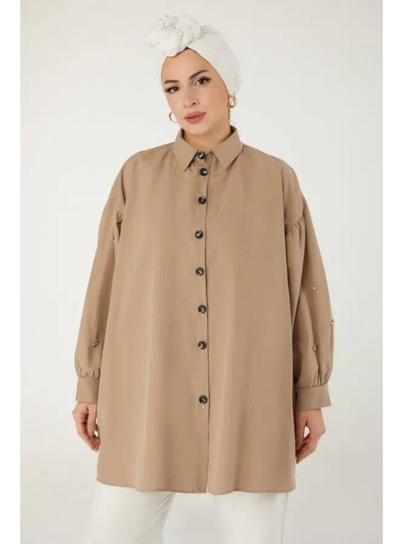 Pelsu Moda Düz Gömlek Yaka Vizon Tunik