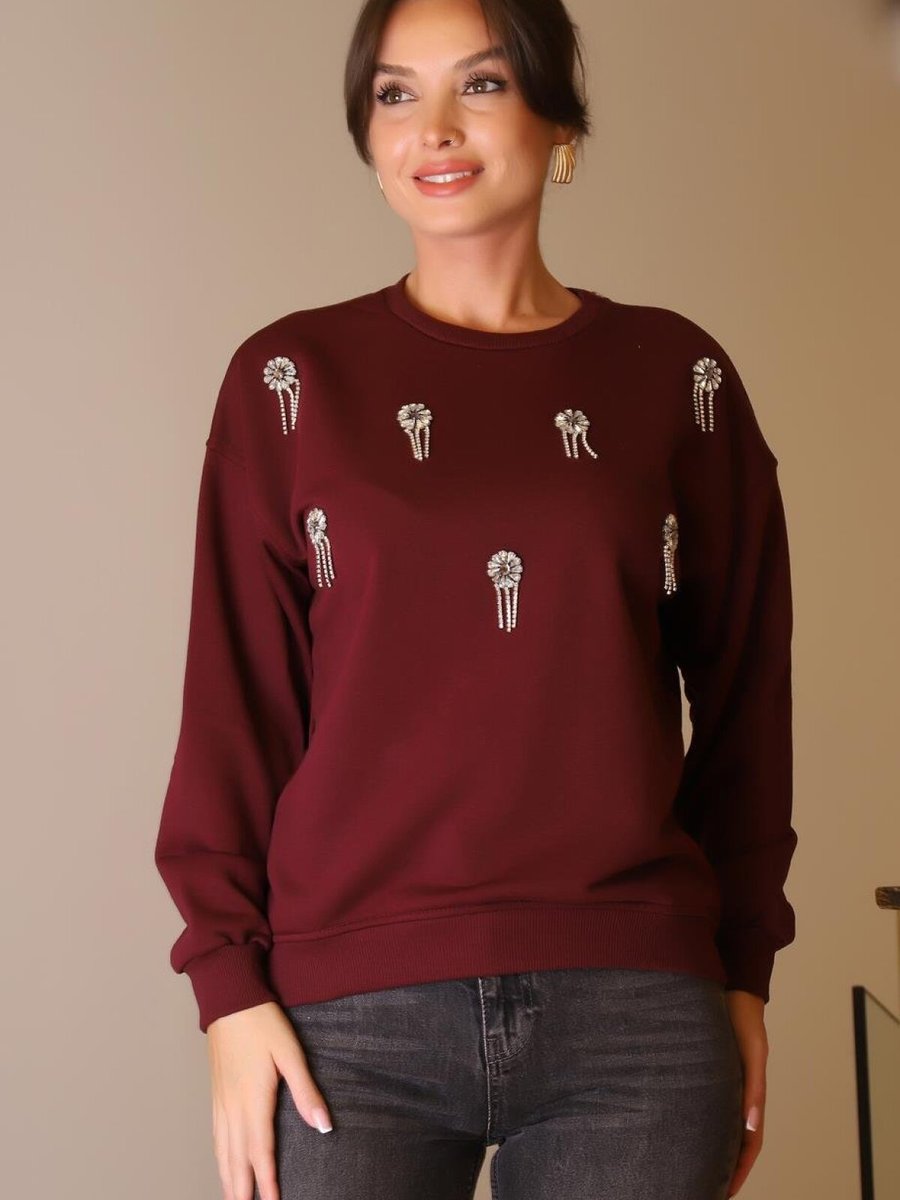 Mint Bordo Çiçek Taşlı Sıfır Yaka Sweatshirt