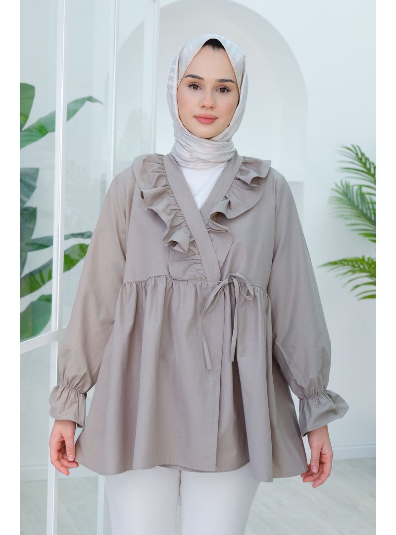 Locco Moda Gri Yan Baglamalı Fırfır Detay