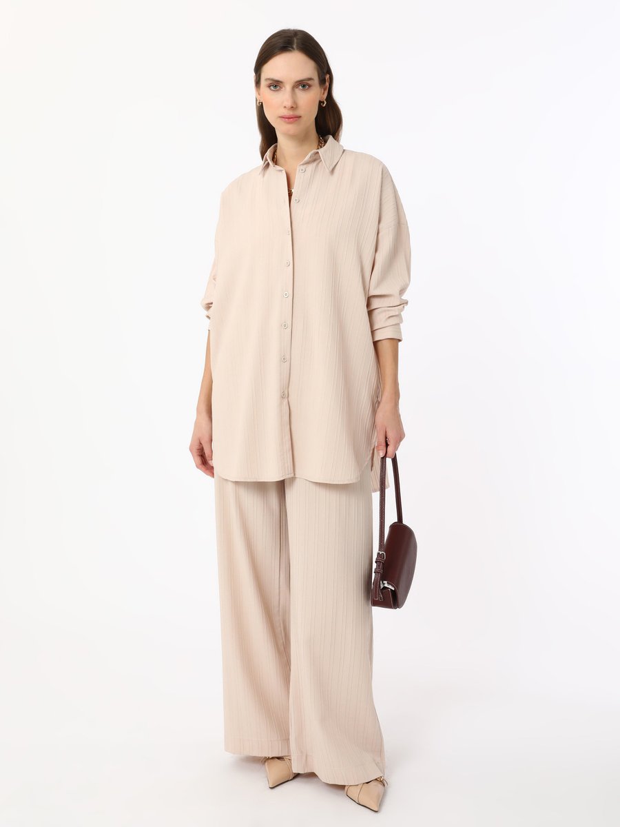 Refka Krem Kendinden Çizgili Rahat Kalıp İkili Takım