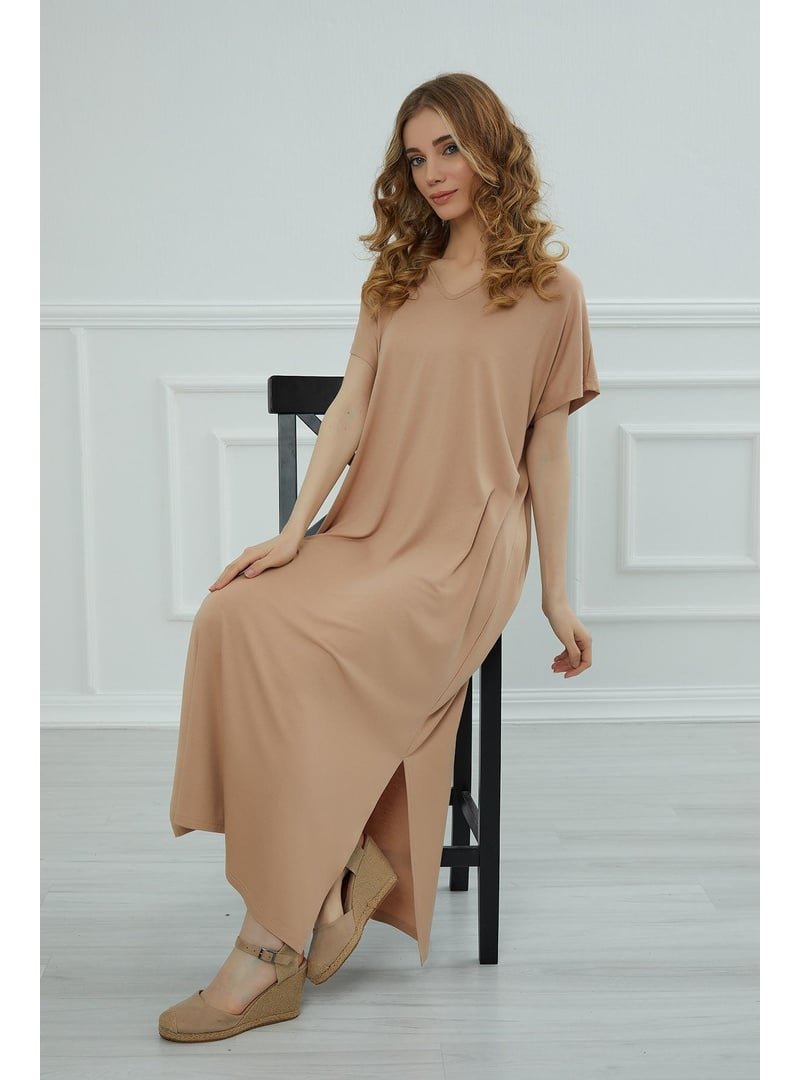 Aisha`s Design Sütlü Kahve Yırtmaçlı Penye Elbise,elb