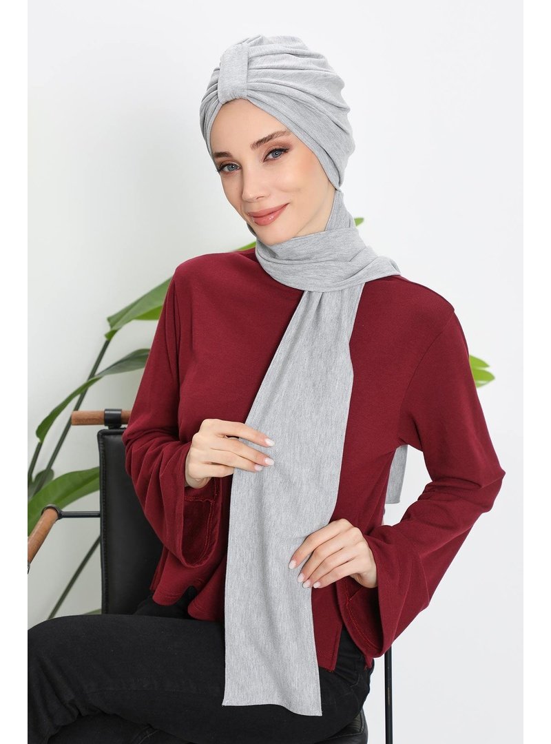 Aisha`s Design 80rb Gri Melanj Kışlık Fularlı Bone Türban,b