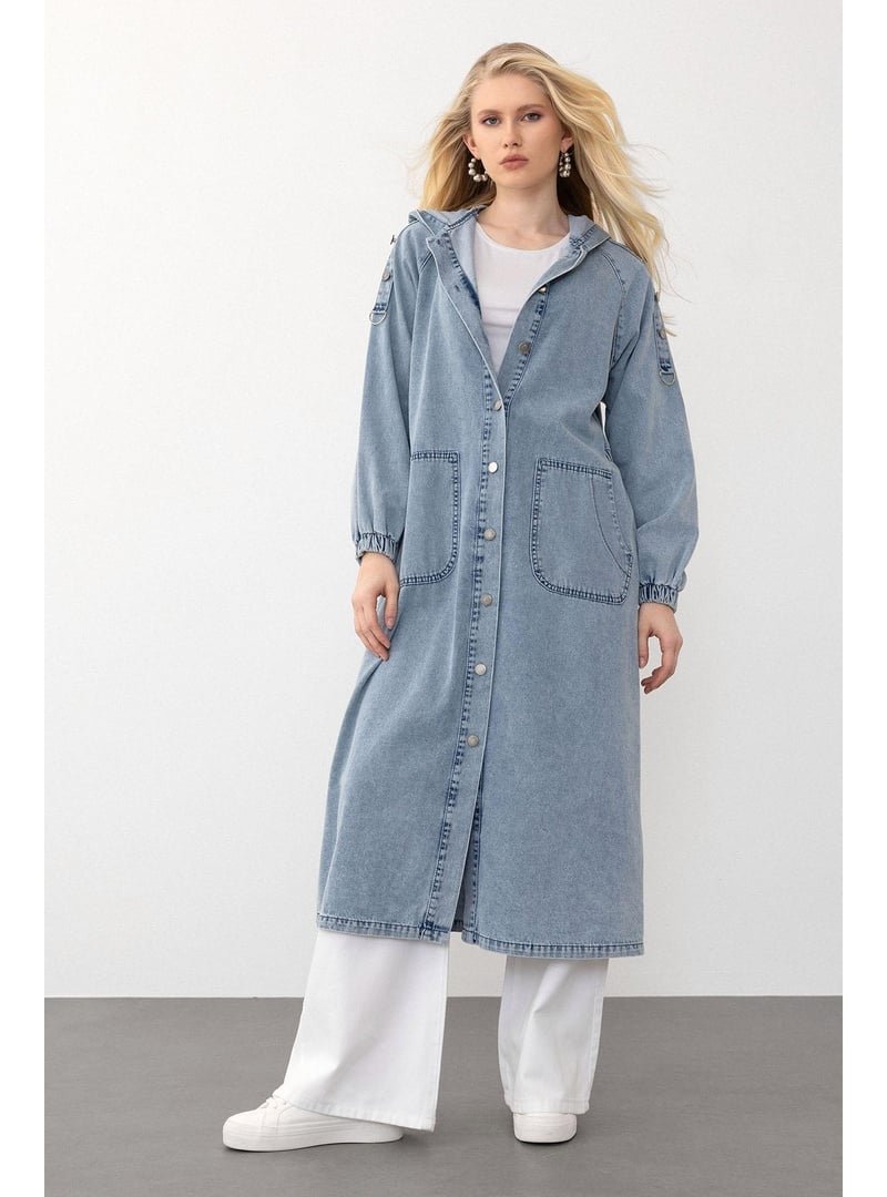 Olcay Mavi Kapüşonlu Düğme Detaylı Denim Kap