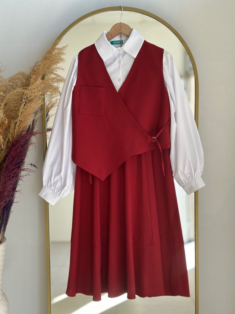 Ebrar Store Manolya Etekli Yelekli Tek Cepli Takım Bordo