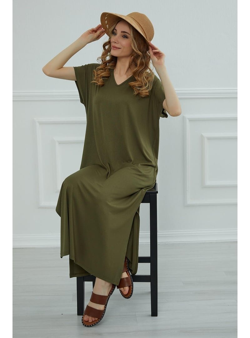 Aisha`s Design Haki Yırtmaçlı Penye Elbise,elb